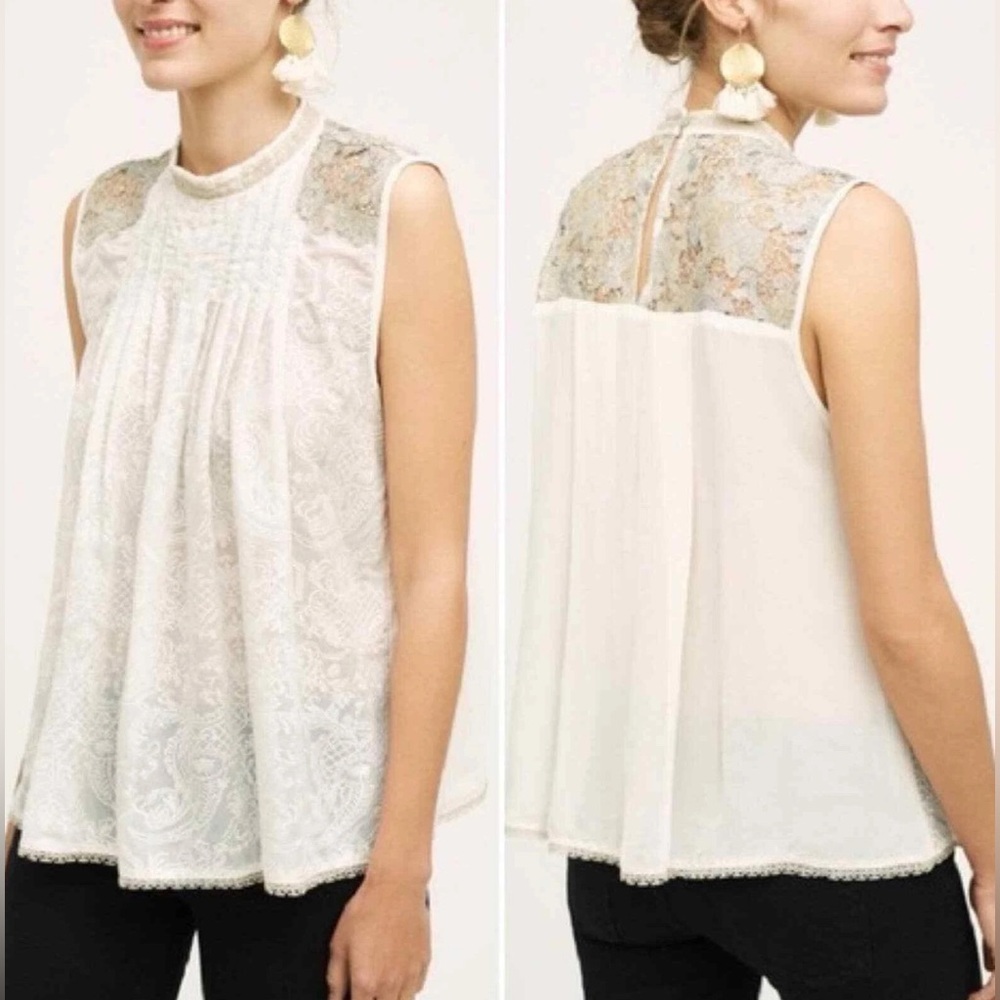 Anthropologie Tiny Pizzo Lace Sequins Sleeveless Blouse Ivory Gold Size S Women